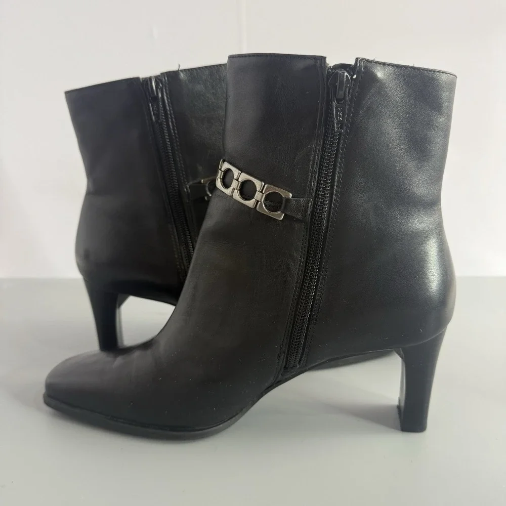 MARKON Tansy Black Leather Silver‎ Chain Square Toe Moto Ankle Boots Size 8M